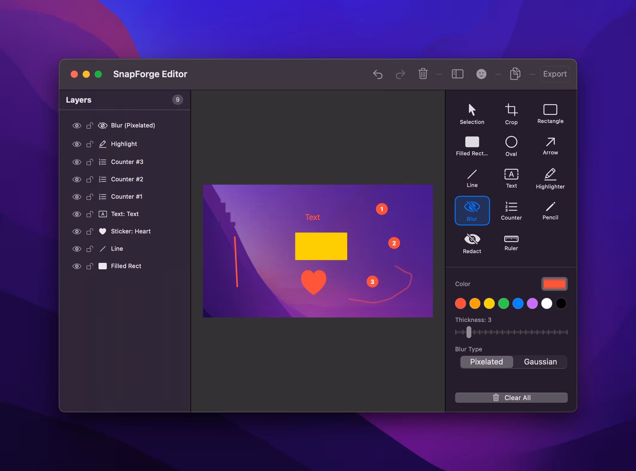 The SnapForge editor with a layers panel listing nine editable objects, a fourteen-tool palette, and a capture annotated with a counter sequence, highlight, blur, arrow and text.