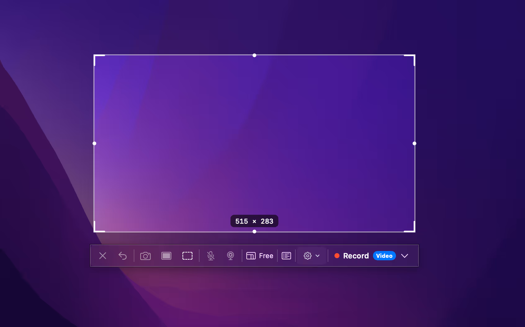 SnapForge region selection on a Mac desktop, showing corner handles, a live 515 by 283 pixel readout, and the capture toolbar with microphone, system audio, aspect ratio and record controls.