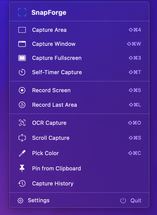 The SnapForge menu bar dropdown listing Capture Area, Capture Window, Capture Fullscreen, Self-Timer Capture, Record Screen, Record Last Area, OCR Capture, Scroll Capture, Pick Color, Pin from Clipboard and Capture History, each with its keyboard shortcut.